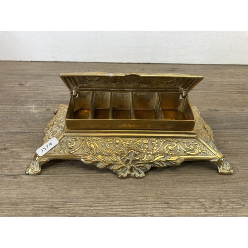 459 - Two brass desk accessories, one stamp holder - approx. 22cm x 13cm and one letter rack