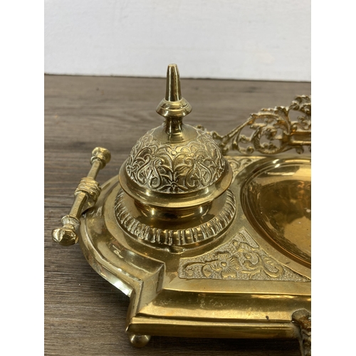 460 - A pierced brass inkwell stand - approx. 27cm x 14cm