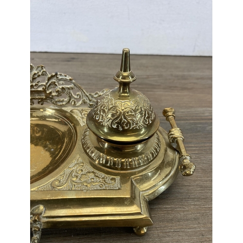 460 - A pierced brass inkwell stand - approx. 27cm x 14cm