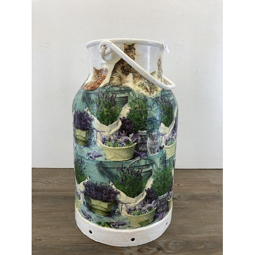 485 - A white painted metal and decoupage milk churn - approx. 46cm high