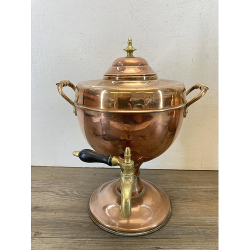 488 - Four pieces of Victorian copper and brassware, one samovar, one jug, one saucepan and one Sykes pate... 