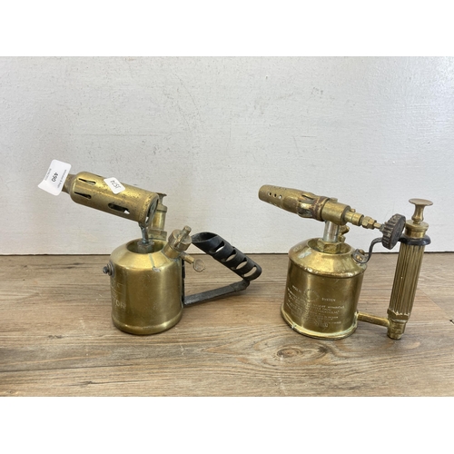 490 - Four vintage brass blow torches to include two Max Sievert Stockholm etc.