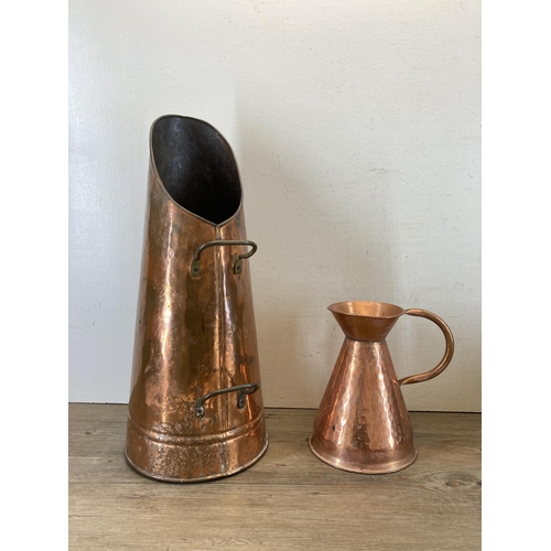 496 - Four pieces of copper and brassware to include jug, coal scuttle, coal bucket etc.