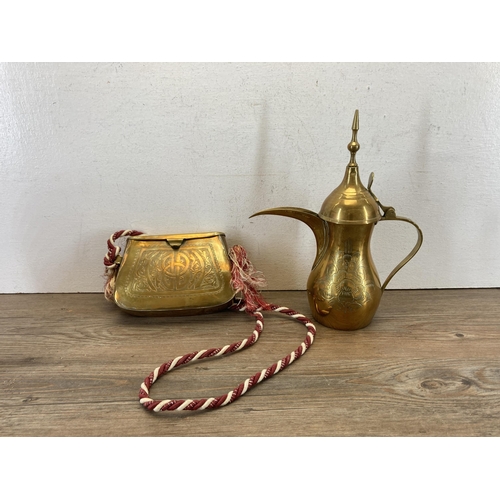 497 - A collection of metalware to include 1930s/40s brass pillow purse, Indian enamelled brass lidded bow... 