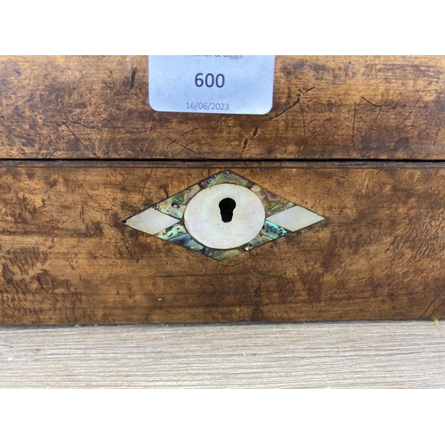 608 - A 19th century burr walnut workbox with mother of pearl and abalone shell inlay - approx. 13cm high ... 