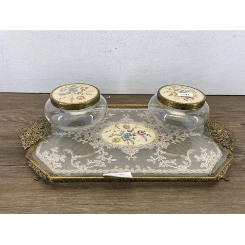 573 - A mid 20th century Petit Point six piece dressing table set