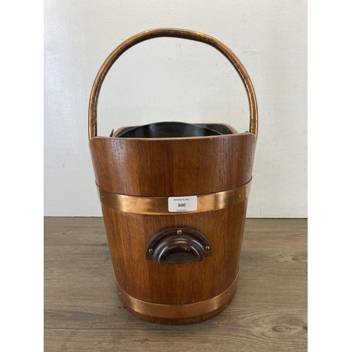 600 - A hardwood and copper banded coal bucket with black metal liner - approx. 30cm high x 36cm long