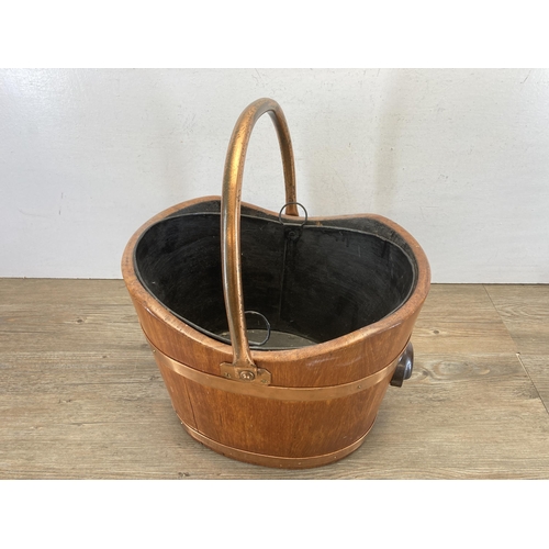 600 - A hardwood and copper banded coal bucket with black metal liner - approx. 30cm high x 36cm long