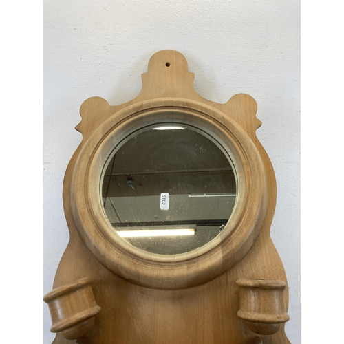 604 - A 19th century style beech wall hanging mirror - approx. 76cm high x 32cm wide