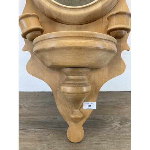 604 - A 19th century style beech wall hanging mirror - approx. 76cm high x 32cm wide