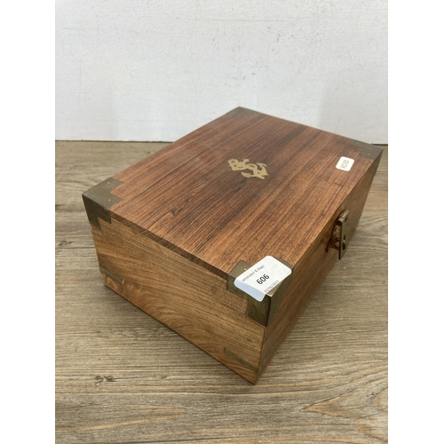 606 - An Indian sheesham wood and brass detailed nautical style stationary box - approx. 11cm high x 24cm ... 