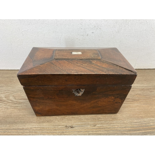 609 - Four items, one 19th century rosewood sarcophagus tea caddy with mother of pearl inlay, one early 20... 