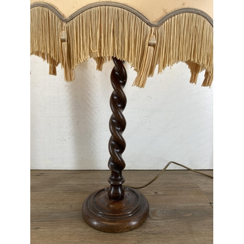 623 - Two vintage oak barley twist items, one table lamp and one smoker's stand - approx. 56cm high