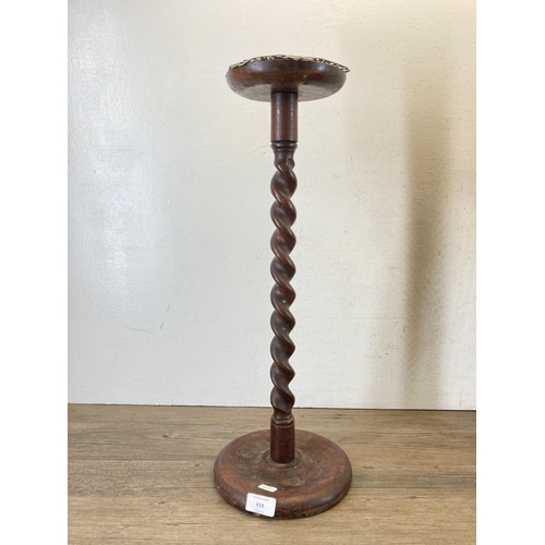 623 - Two vintage oak barley twist items, one table lamp and one smoker's stand - approx. 56cm high