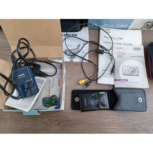 683 - Five items, one boxed and cased Canon IXUS 100 IS 12.1mp compact digital camera with charger and sof... 