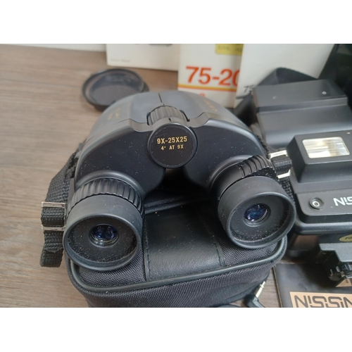 686 - A large collection of optical and camera equipment to include Nikon Nikomat EL 35mm SLR camera fitte... 