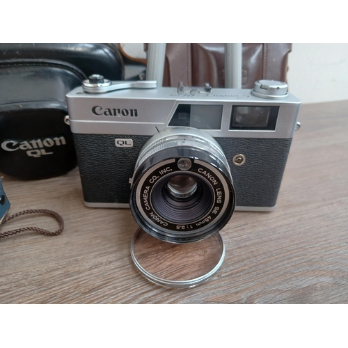 687 - A collection of optical and camera equipment to include cased Canon Canonet QL25 35mm rangefinder ca... 