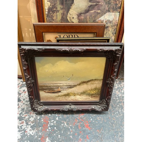 258 - Twelve various pictures to include oil on canvas of a seascape signed Watkins etc.