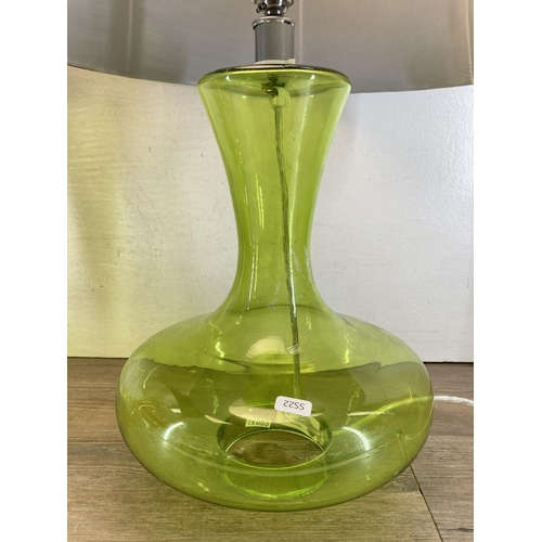 617 - A pair of modern green glass table lamps with shades - approx. 50cm high excluding shade