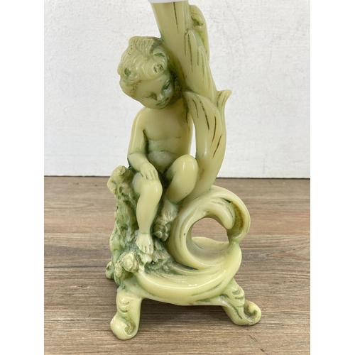 644 - A mid 20th century soapstone effect resin figural pedestal dish - approx. 30cm high