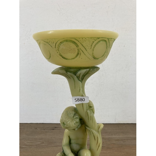 644 - A mid 20th century soapstone effect resin figural pedestal dish - approx. 30cm high