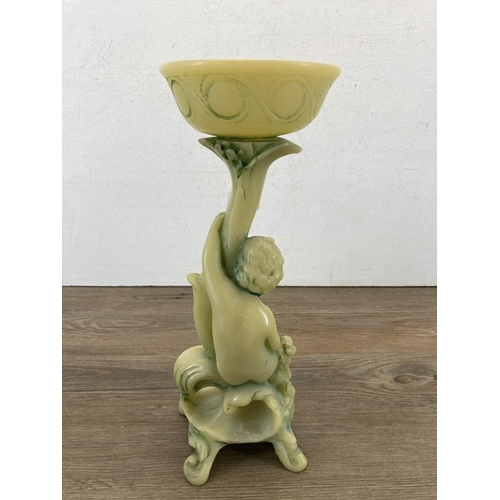 644 - A mid 20th century soapstone effect resin figural pedestal dish - approx. 30cm high