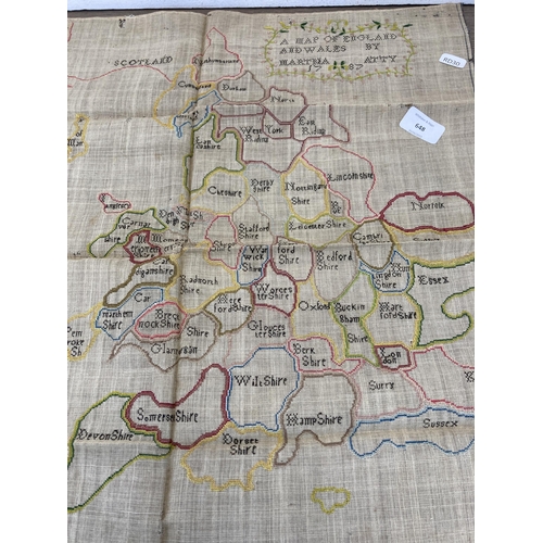 648 - A Georgian hand embroidered map of England and Wales by Martha Atty, dated 1787 - approx. 57cm high ... 