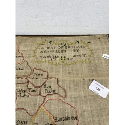 648 - A Georgian hand embroidered map of England and Wales by Martha Atty, dated 1787 - approx. 57cm high ... 