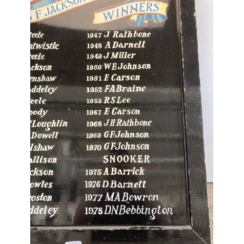 653 - A vintage Billiards Trophy Winners board - approx. 76cm high x 59cm wide