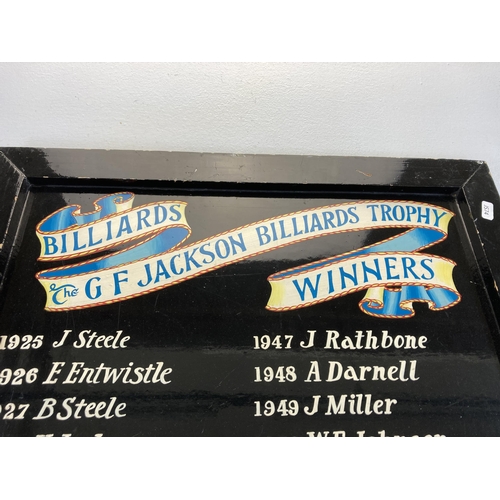 653 - A vintage Billiards Trophy Winners board - approx. 76cm high x 59cm wide