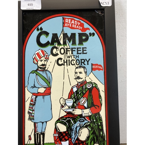 655 - A reproduction Camp Coffee enamel advertising sign - approx. 39cm high x 20cm wide