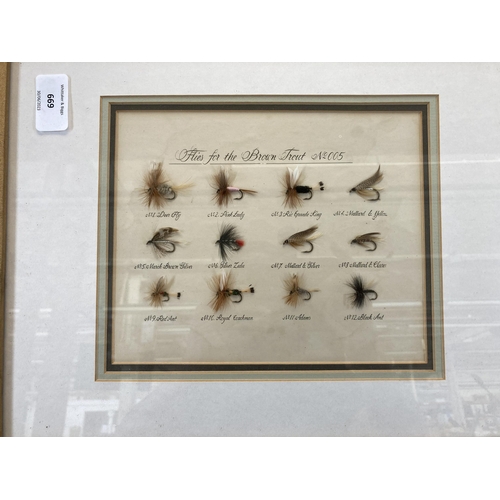 669 - A framed collection of fishing flies for brown trout - approx. 40cm high x 48cm wide