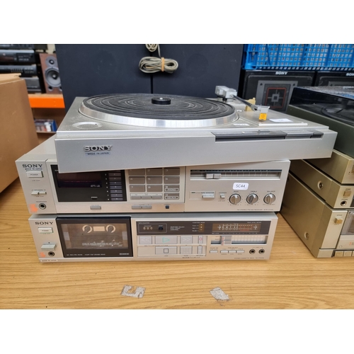 710 - A collection of hi-fi to include Sony PS-LX210 direct drive two-speed turntable, Panasonic ST-350L s... 