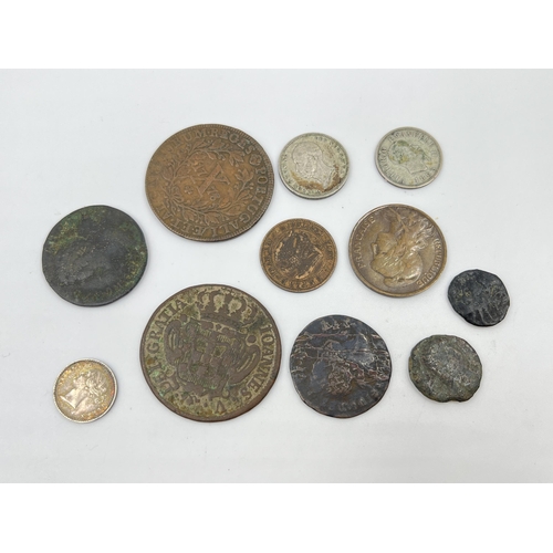 2272 - A collection of antique world coins to include 91.7% silver 1844 Indian two annas, 64% silver 1848 D... 