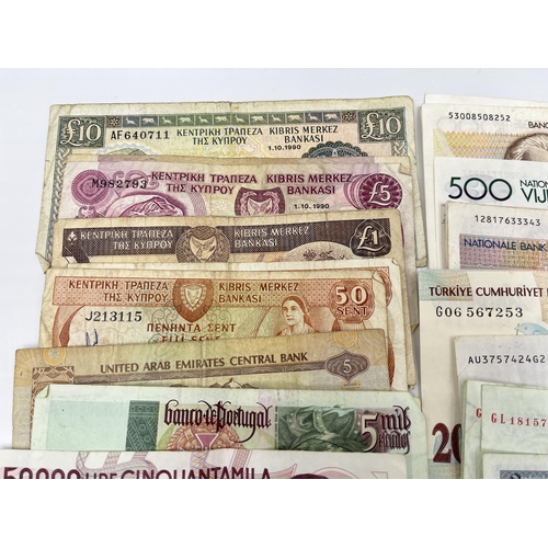 2274 - A collection of world banknotes to include 1970s, 1980s and 1990s Central Bank of Cyprus £10, £5, £1... 