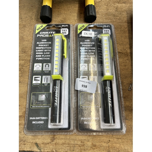 938 - Three LED work lights, two as new Unilite Prosafe pocket inspection lights and one rechargeable