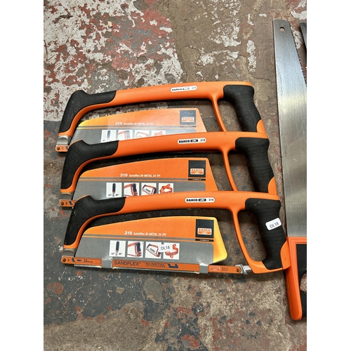 943 - Eight hand saws, four new Bahco, two Irwin, one Stanley and one Venom