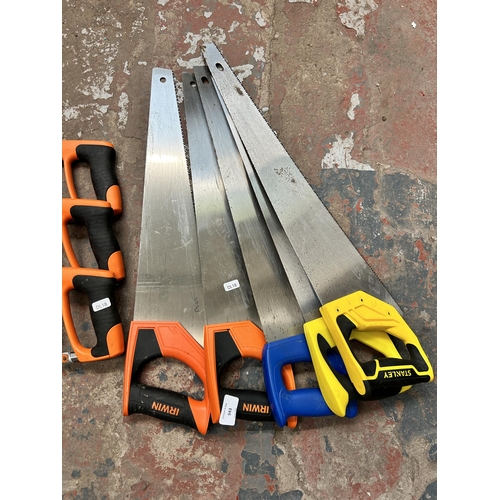 943 - Eight hand saws, four new Bahco, two Irwin, one Stanley and one Venom