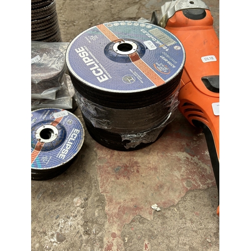 956 - A Silverline 240v angle grinder with disks to include 180mm grinding disks, 115mm cutting disks etc.