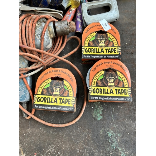 966 - A collection of tools to include three rolls of new Gorilla tape, hacksaws, drills etc.