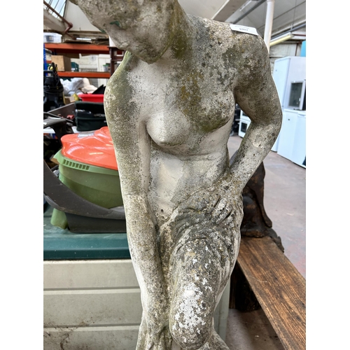 1007 - A cast stone nude lady garden statue on pedestal base - approx. 139cm high