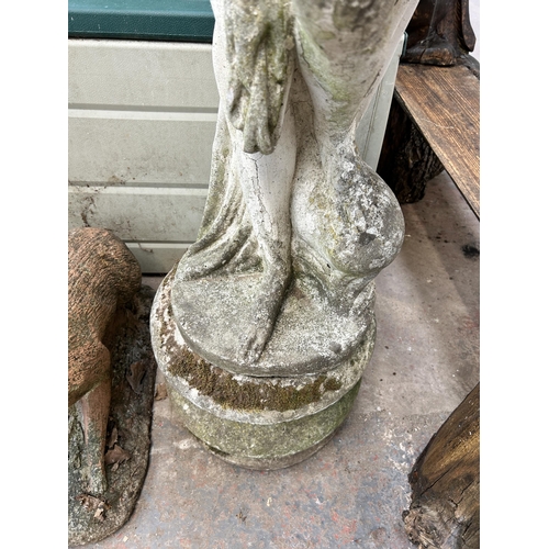 1007 - A cast stone nude lady garden statue on pedestal base - approx. 139cm high