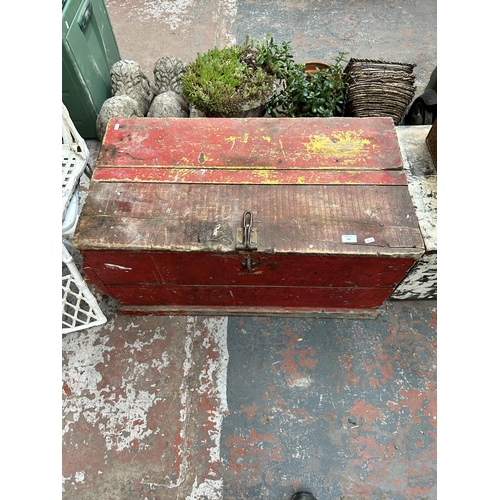 988 - A Victorian painted pine blanket box converted tool chest with contents