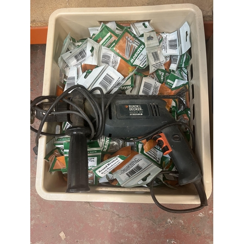 912 - Two boxes containing Earlex spray station, Black & Decker 240v hammer drill, nails, screws etc.