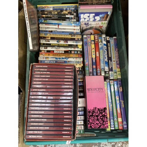 1034 - Four boxes and four bags containing DVDs, vinyl records and video games