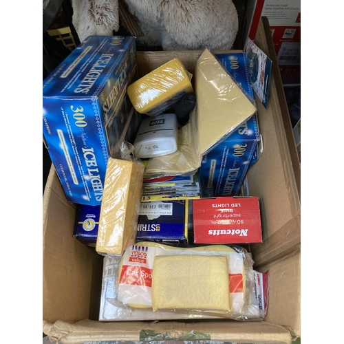 1048 - Four boxes containing boxed Sinsiplast knee, ankle, back and wrist supports, Christmas lights, car b... 