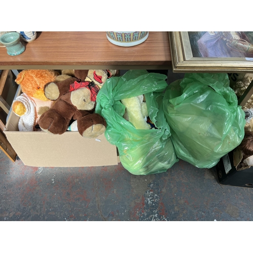 1086 - Three boxes and two bags containing a large collection of soft toys and dolls to include Galoob bear... 