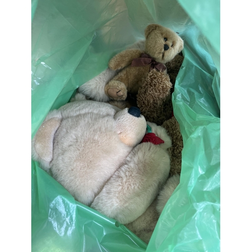 1086 - Three boxes and two bags containing a large collection of soft toys and dolls to include Galoob bear... 