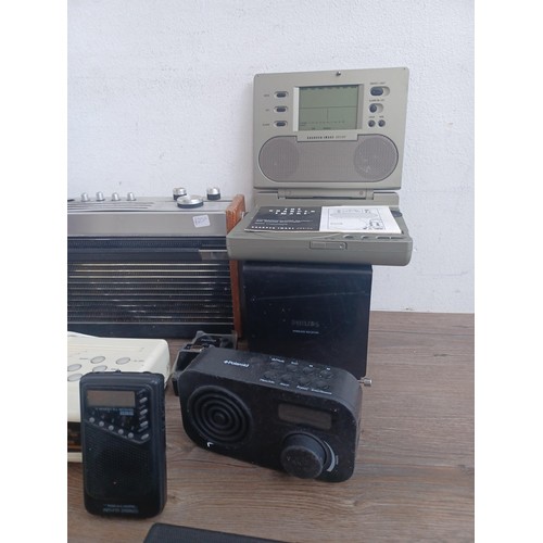 707 - A collection of radios, speakers and clock radios to include Fidelity RAD 16, Sony ICF-7600D four-ba... 