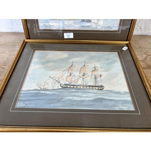 302 - Two framed ship scene watercolours, signed Campbell Finlay - approx. 35cm high x 44cm wide